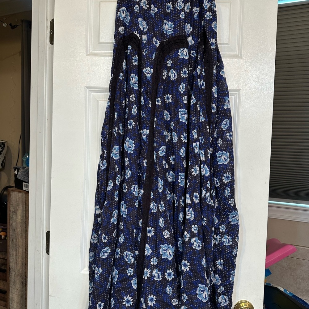 Free People Blue Ruched A-Line Maxi Skirt